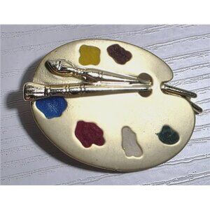 Vintage Artist Paint Palette & Brush Brooch Gold Tone Multicolor Enamel 2.25"